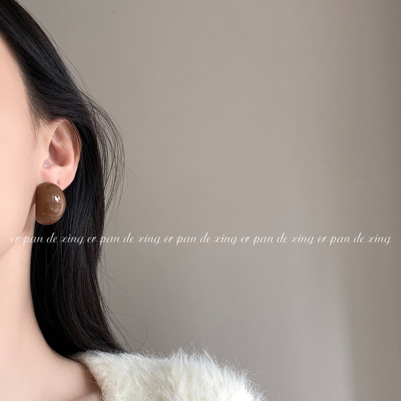 Style Semicircle Resin Female Sier Needle French Retro Personality Minimalism Earrings