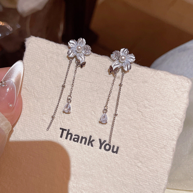 Women's Korean Long Tassel Flowers Zircon Light Luxury Minority High-grade Sweet Earrings