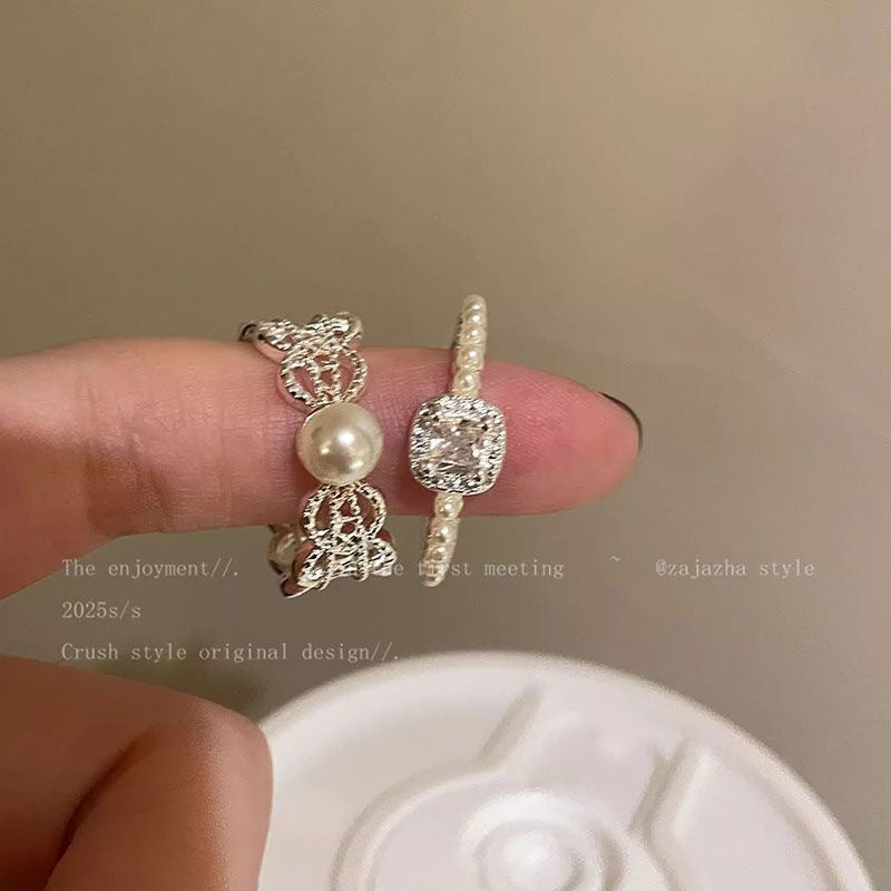 Korean Lace Pearl Zircon Design Switchable Index Ring