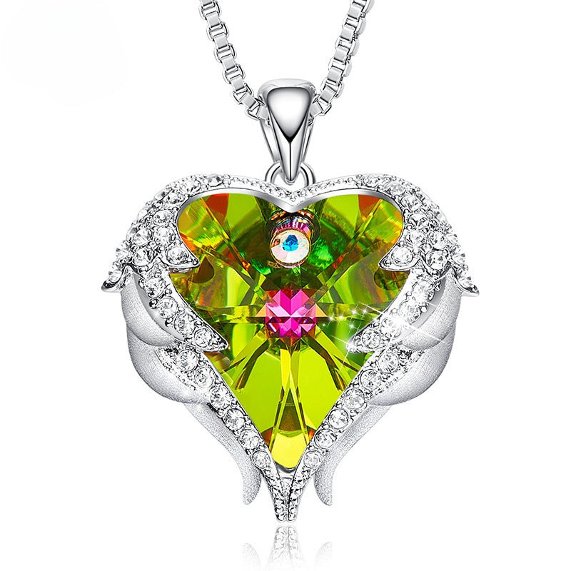 Ocean Heart Female Angel Wings Crystal Necklace