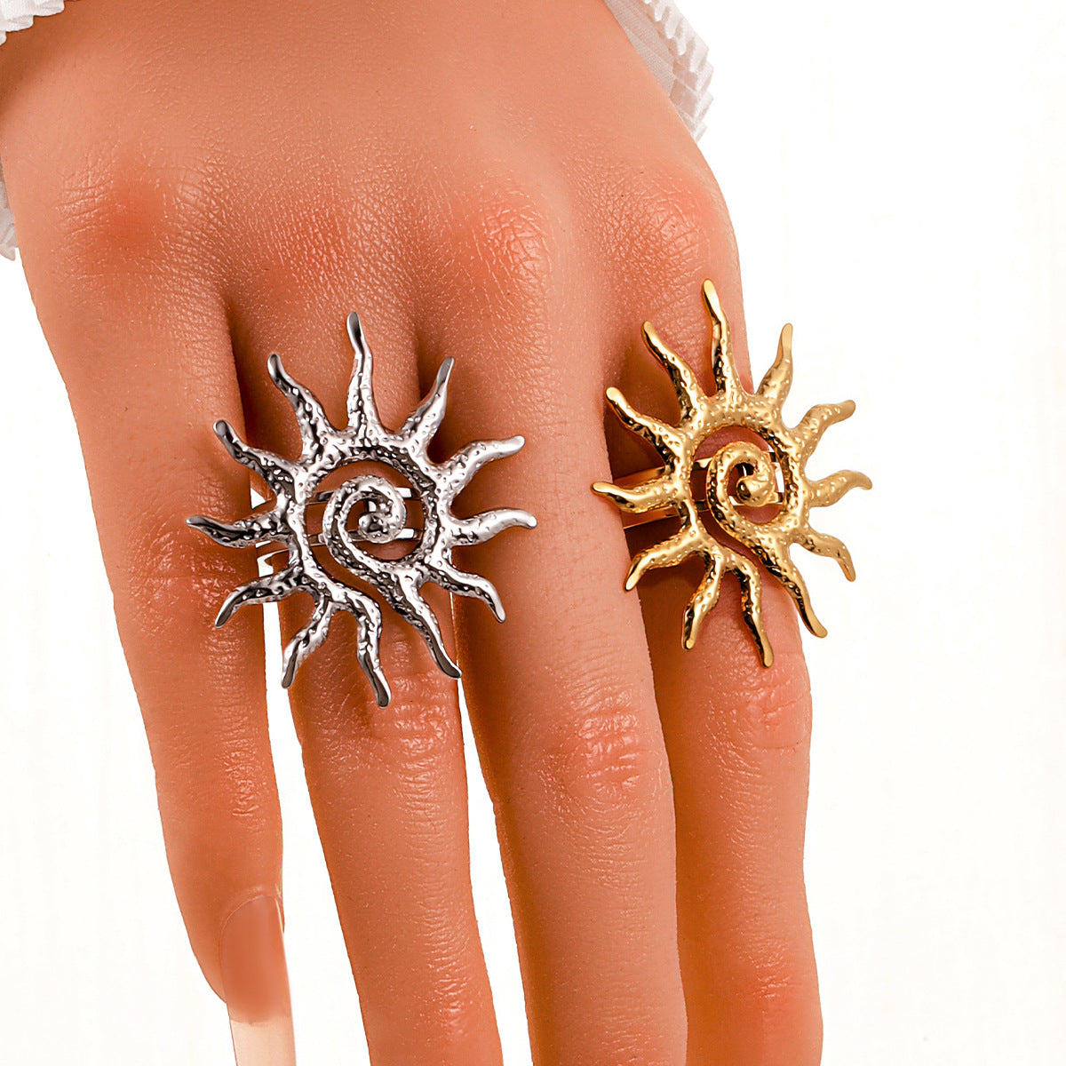 Retro Hollow Spiral Sunflower Personality Flash Big Sun Stainless Steel Rings
