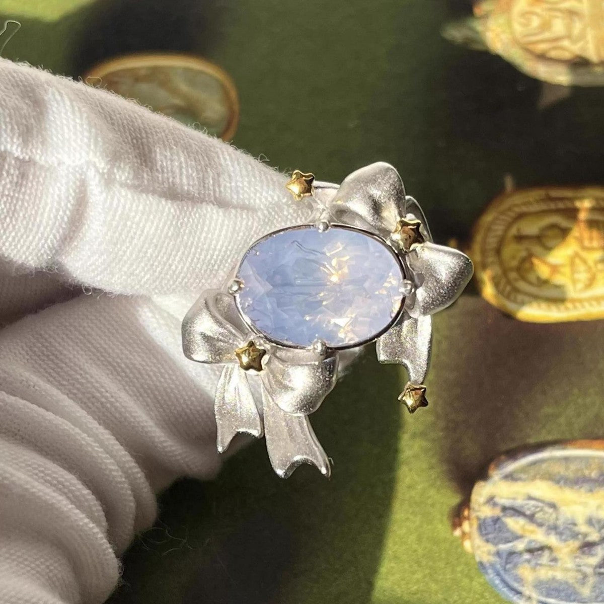 Imitation Blue Treasure Egg Noodles Bow Female Niche Ring