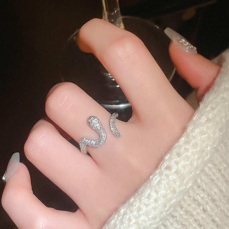 Women's Shining Diamond Snake-shaped Sier Open Advanced Texture Simple Trendy Cool Ring