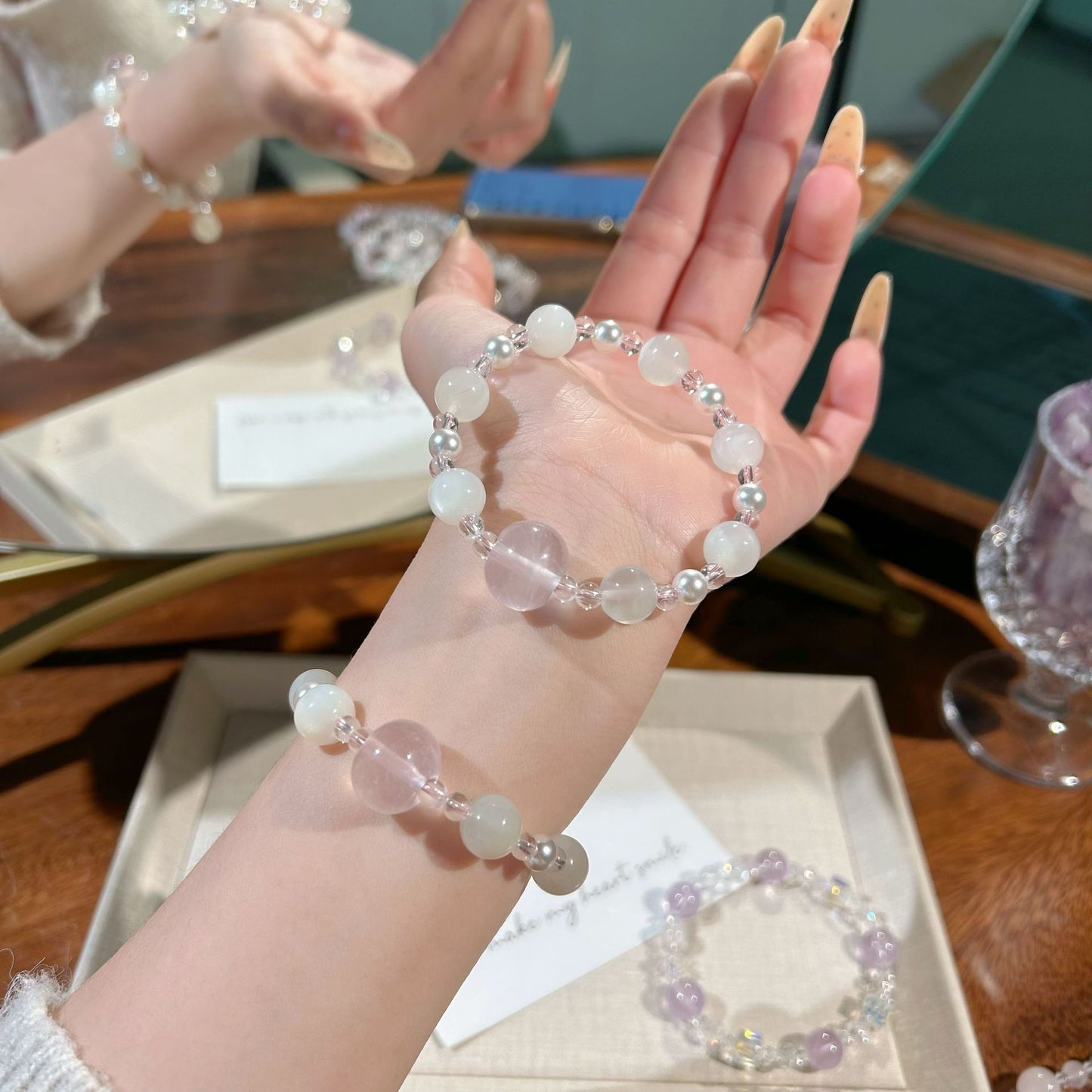 Natural Moonstone Pink Crystal Diamond In The Debris Atmosphere Summer Bracelets