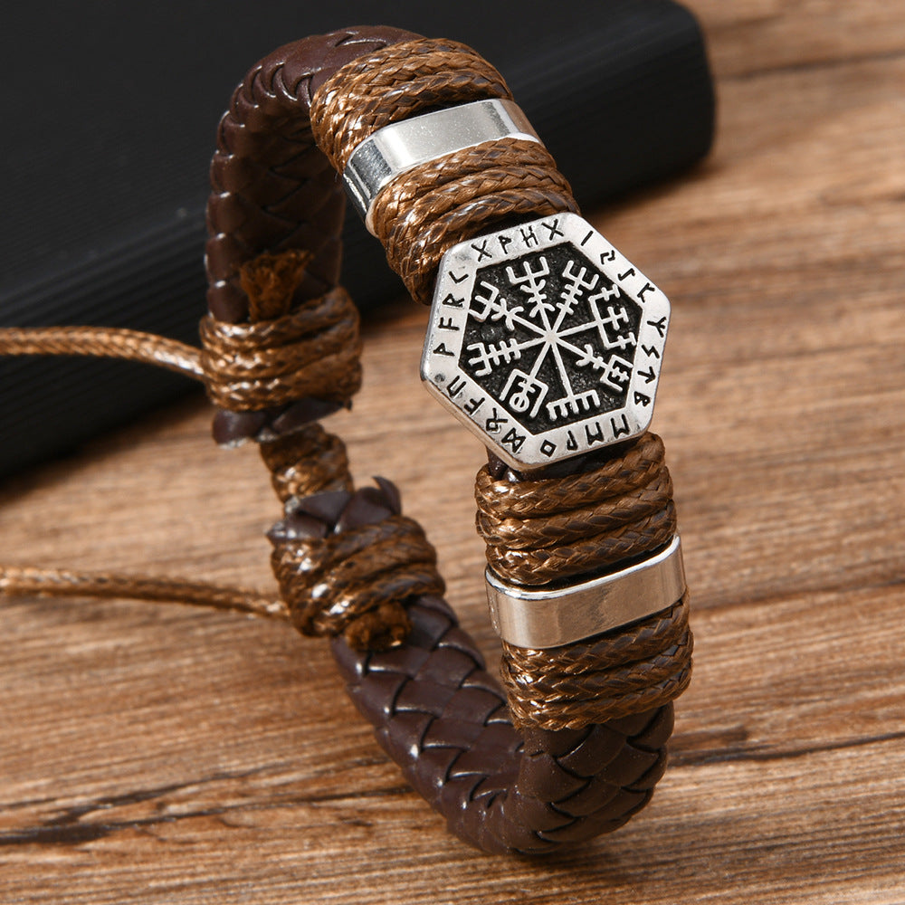 Men's Vintage Hand-woven Beads Metal Scripture Leather Bracelets