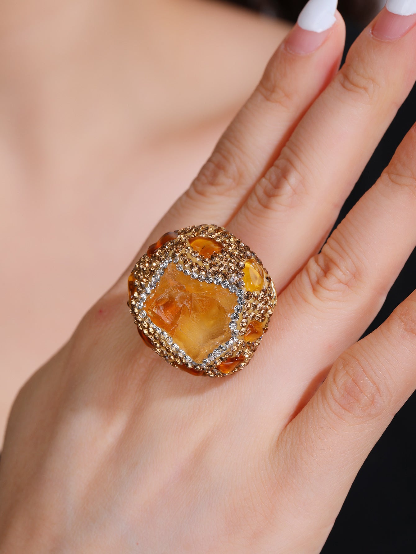 Fashion Punk Natural Amethyst Citrine Rough Stone Irregular Opening Ring