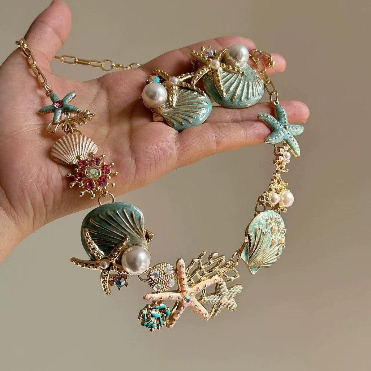 Women's Coral Secret Vacation Style Shell Starfish Pearl Marine Necklace