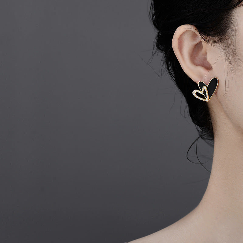 Women's Korean Style Black Heart Shape Diamond Love Fashion Double Earrings