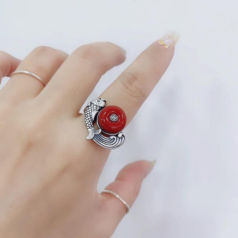 Enamel Color Auspicious Gradient Lucky Koi Chinese Ring
