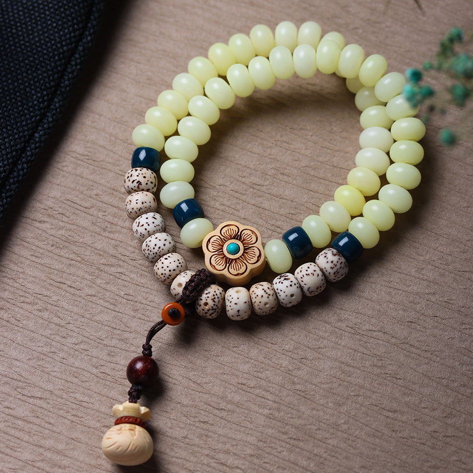Weathering Custard Bodhi Boxwood Carved Plum Blossom Star Moon Half Bracelets