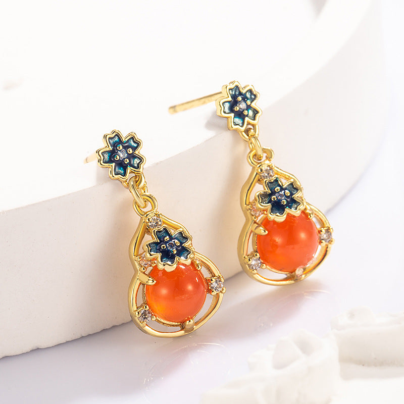 Chinese Style National Imitation Red Agate Gourd Female High Sense Stud Earrings
