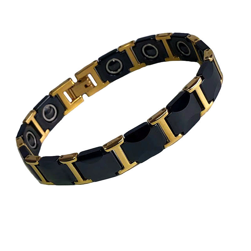Men's Steel With Blue Black Crescent Ceramic Magnetic Golden Bracelets