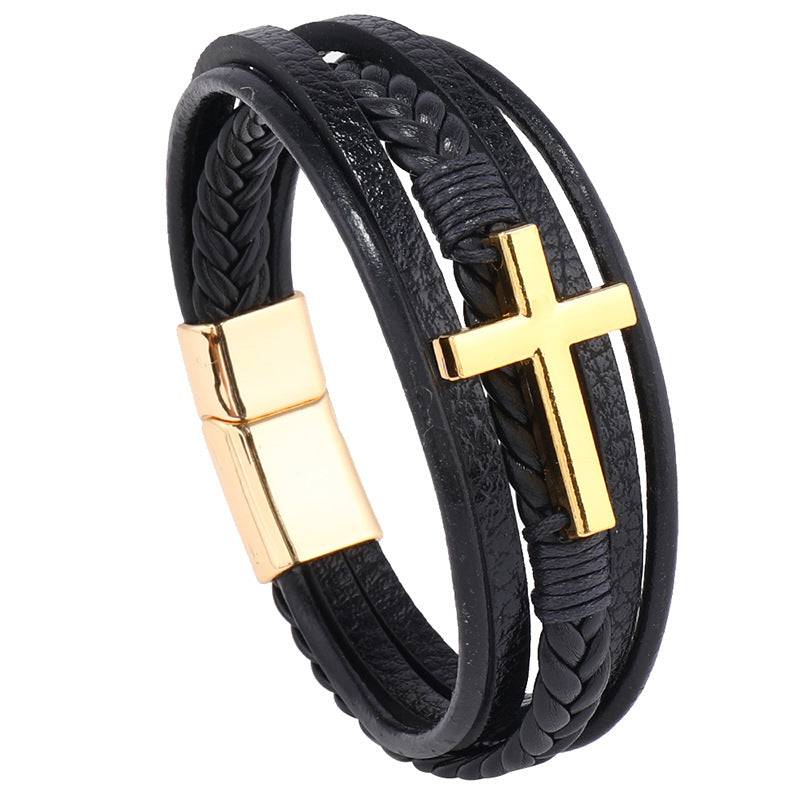 Men's Cross Leather Handmade Braided Rope Magnetic Bracelets