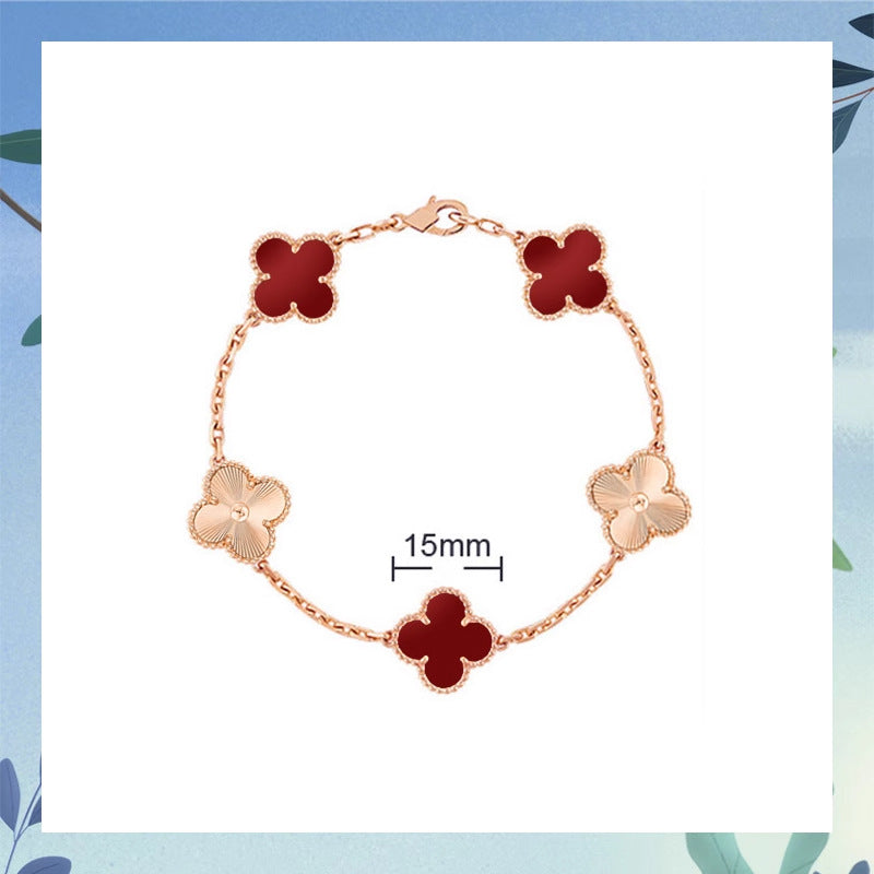 Women's Four-leaf Clover Rose Gold Red Agate Black White Shell Flower Bracelet
