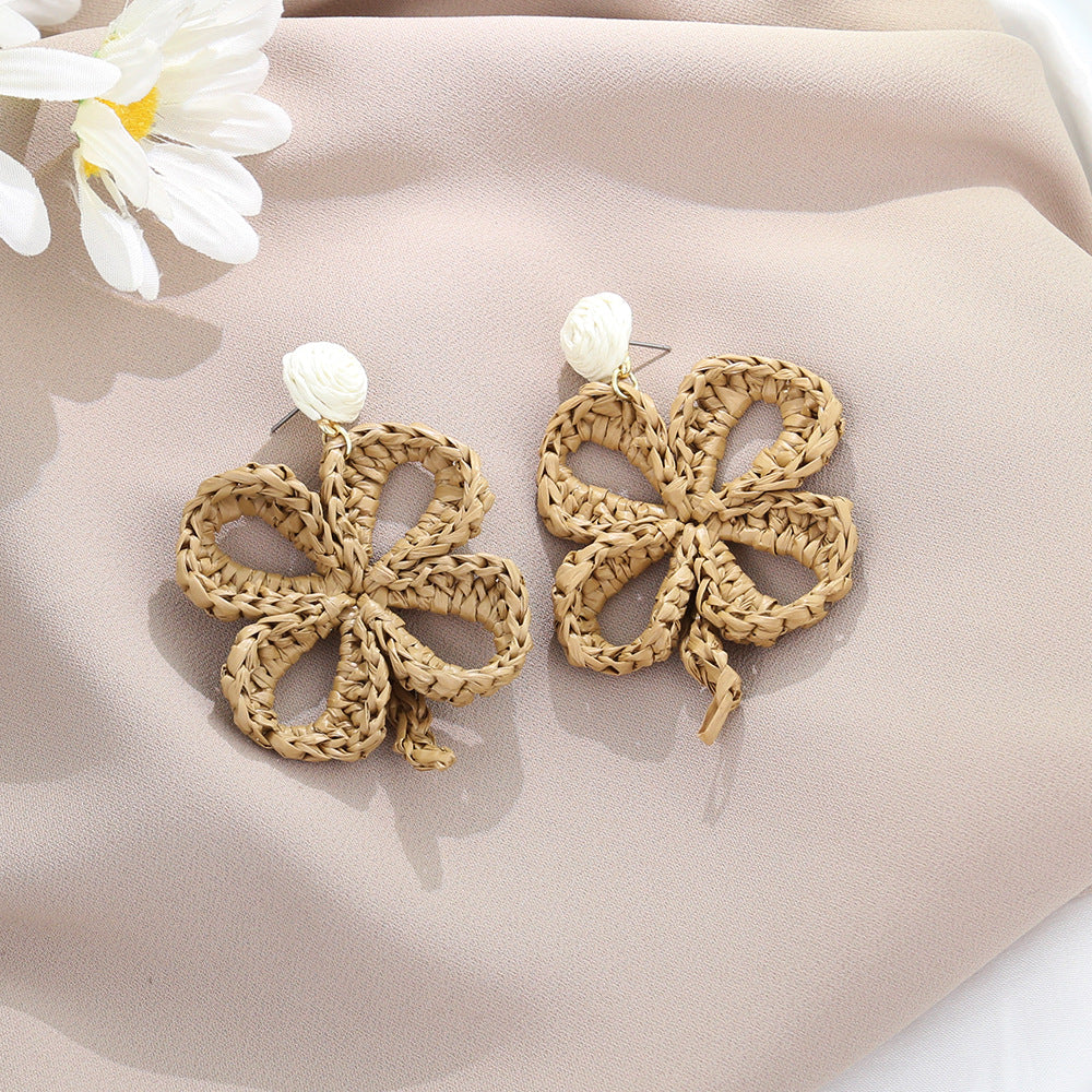 Women's Summer Tassel Flowers Hand-woven Raffia Vacation Style Earrings