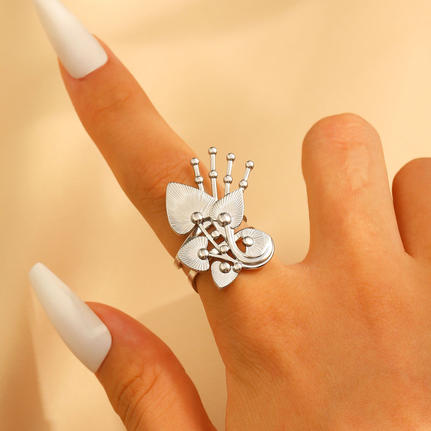 Steel Flower Leaf Female Exaggerated Personalized Hollow Ring