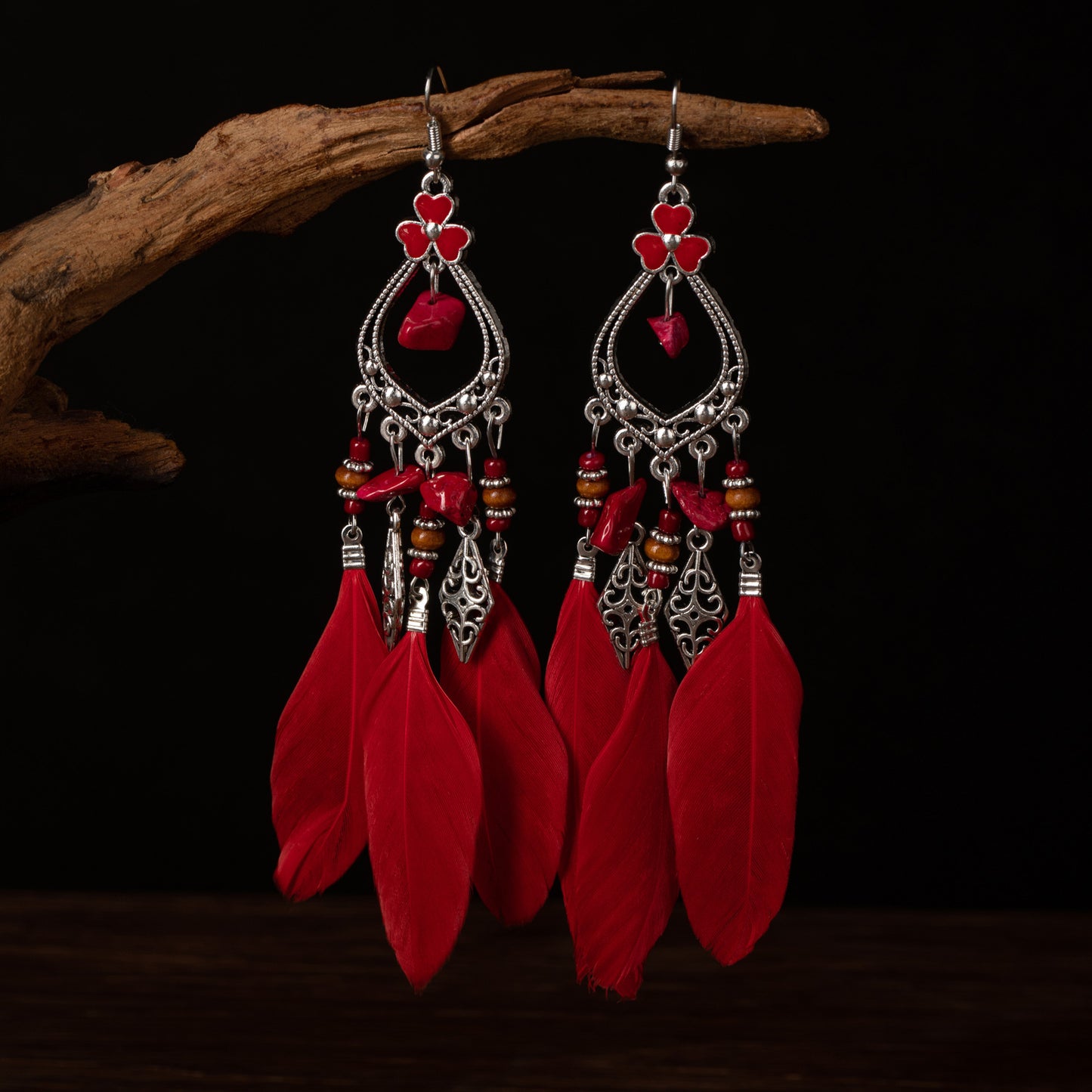 Women's Bohemian Feather Irregular Natural Stone Retro Earrings