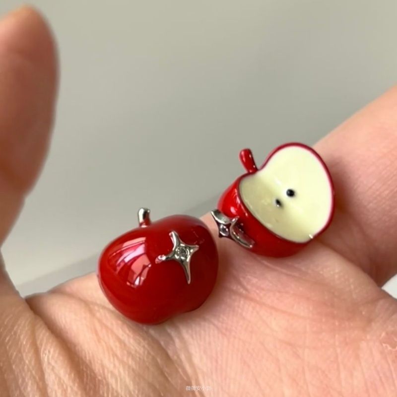 Red Apple Unique Design Asymmetric Cartoon Stud Earrings