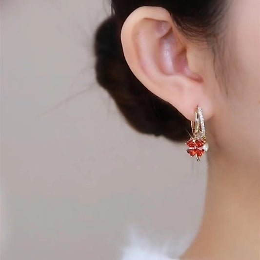 Red Zircon Maple Leaf Artificial Pearl Female Earrings