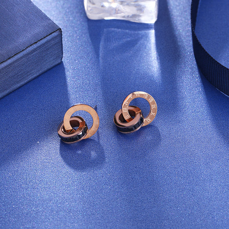 Diamond Creative Rose Gold Titanium Steel Female Double Earrings