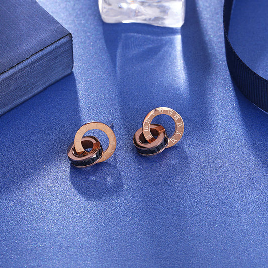 Diamond Creative Rose Gold Titanium Steel Female Double Earrings
