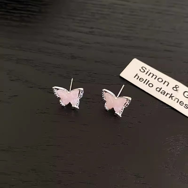 Women's Pink Crystal Butterfly Sier Needle Light Luxury Earrings