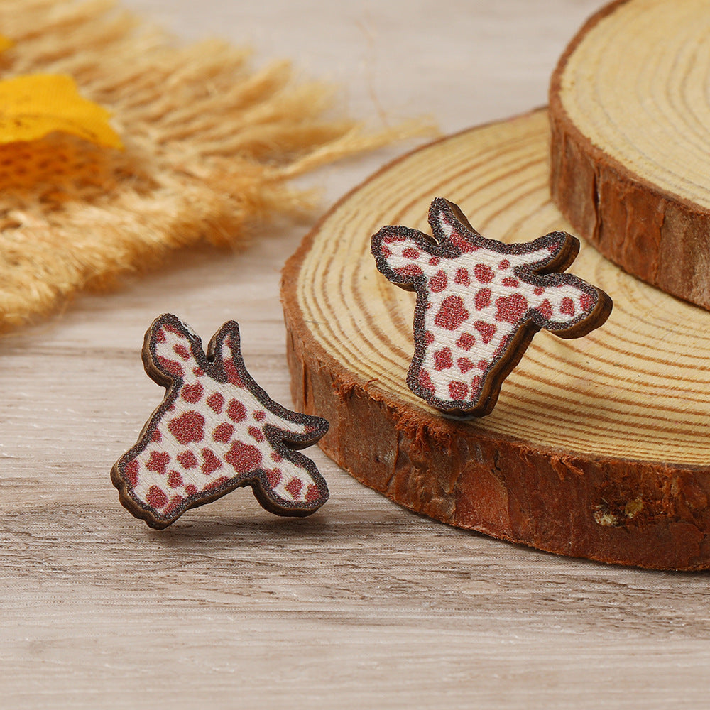 Head Wooden Simple Fashion Personality Cows Pattern Hat Leopard Earrings