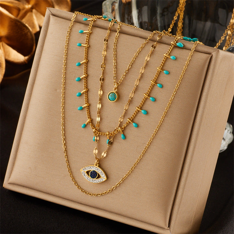 Fashion Chain Irregular Diamond Eye Turquoise Titanium Steel Necklace