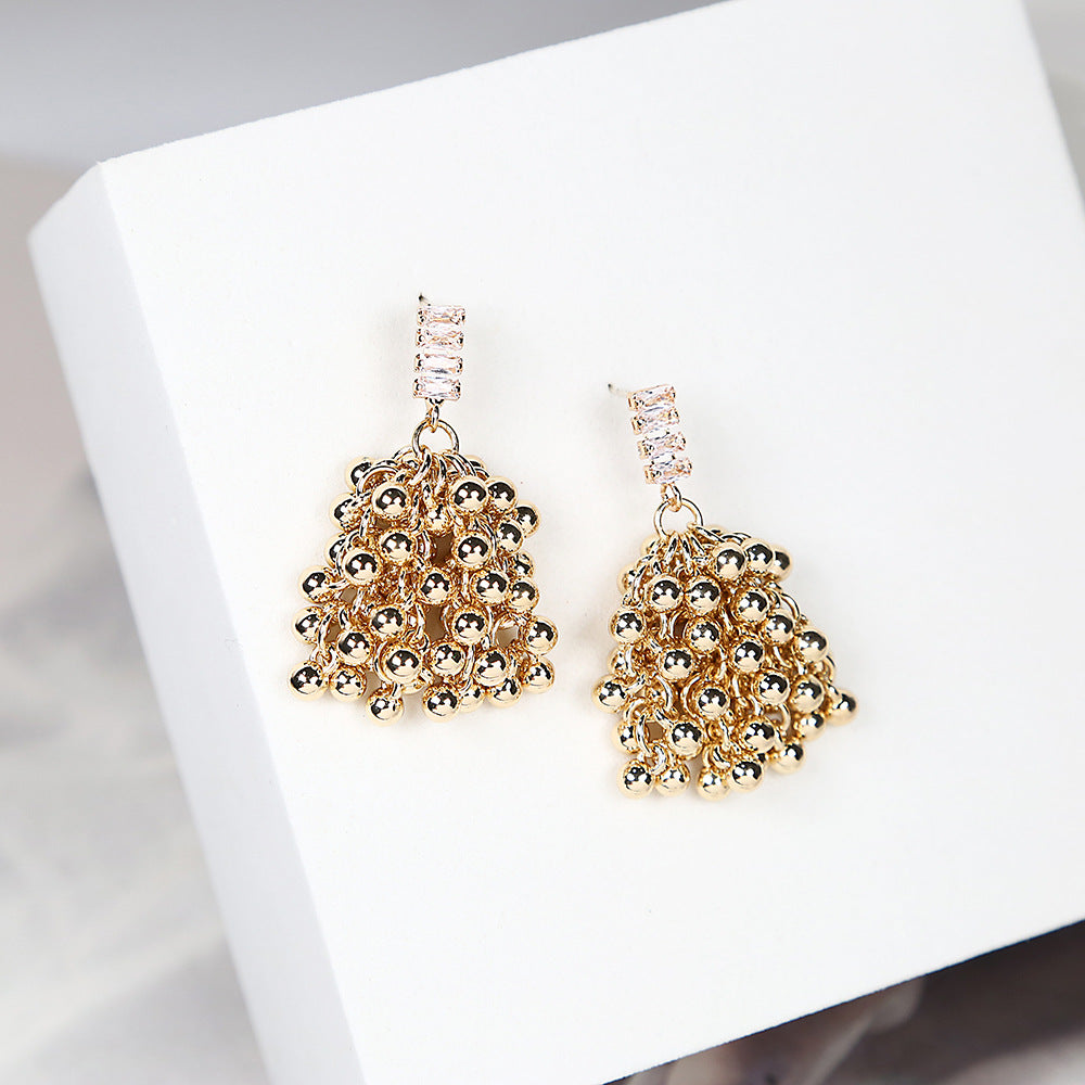 Sier Needle Zircon Retro French Metal Tassel Beaded Light Niche Earrings
