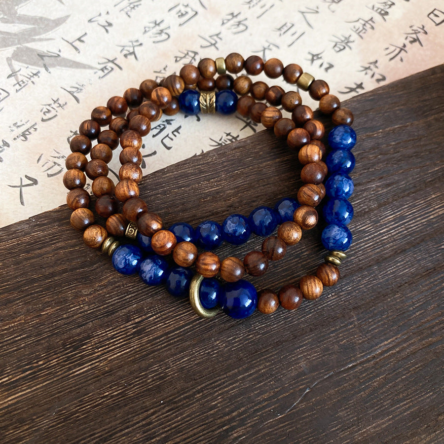 Style Cold Feeling Twin Female Lapis Lazuli Wooden Bead Beaded Bracelet