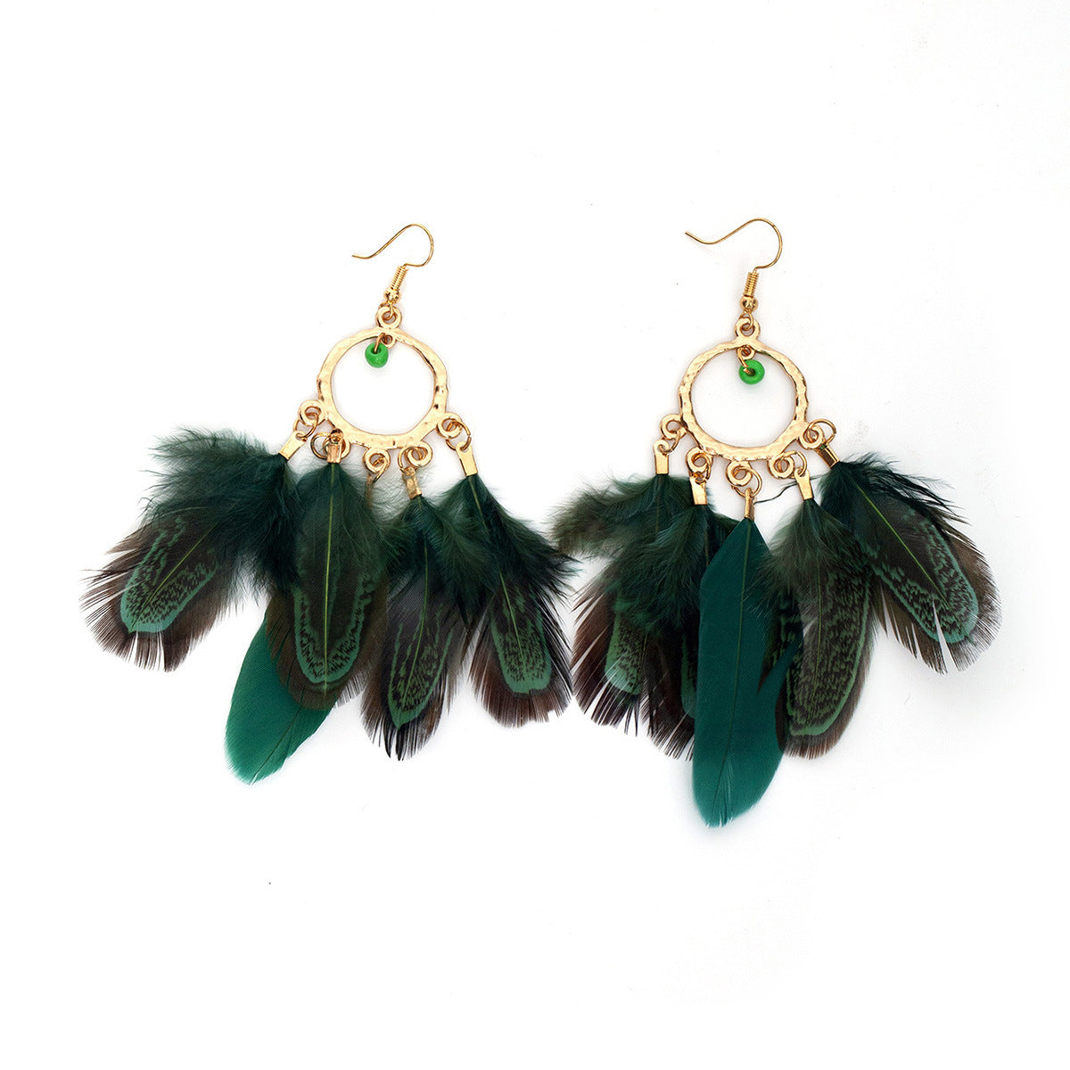 Personality Round Bead Feather Tassel Long Bohemian Earrings