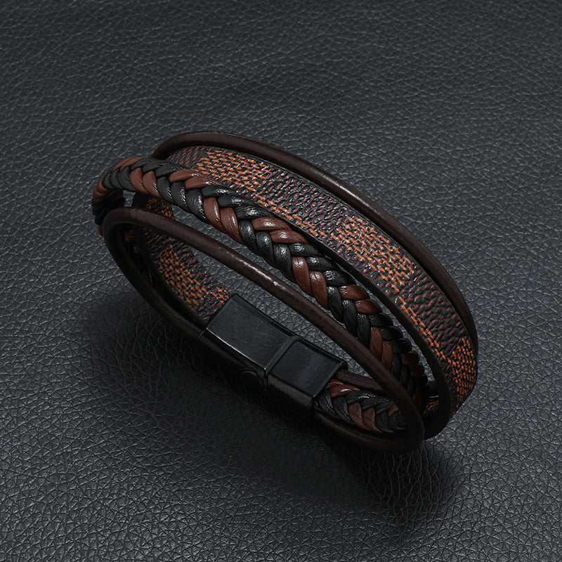 Men's Leather Weave Striped Alloy Magnetic Buckle Bracelets