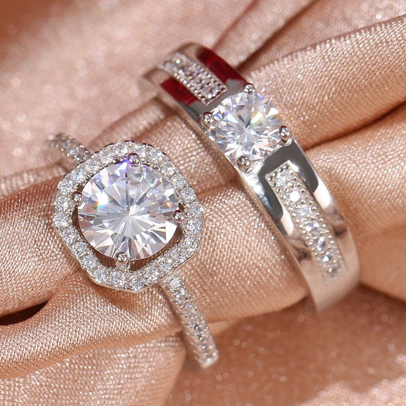 Women's & Men's Couple Open Diamond Wedding Simulation Sier Rings