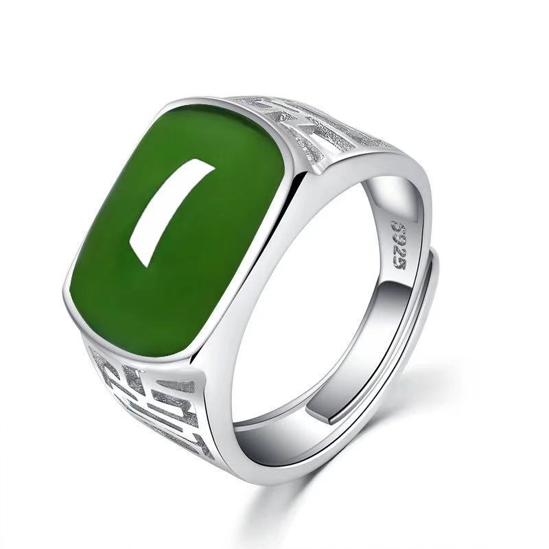 Women's & Men's Jade Green Inlaid Emerald Saddle Opening Ethnic Rings