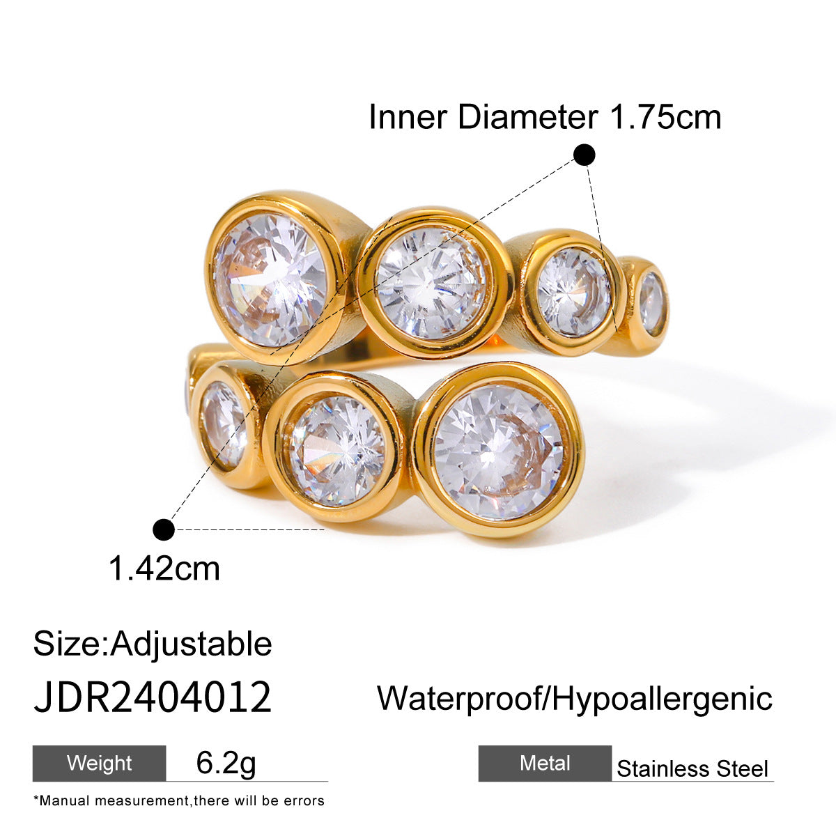 Popular Gold Stainless Round Open-end Zircon Rings