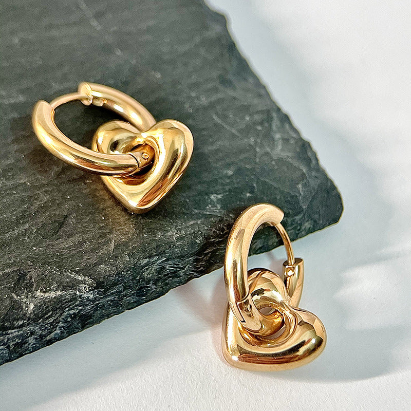 Women's Style Gold Stainless Steel Ear Heart-shaped Titanium Fat Earrings