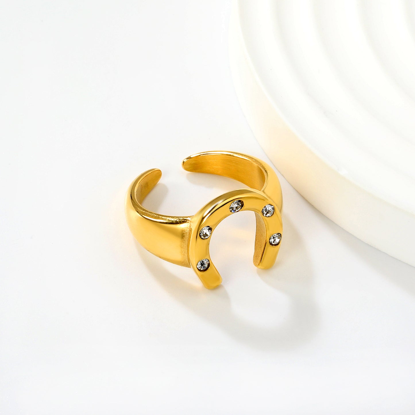Creative Horseshoe U-shaped With Small Round Diamond Open Stainless Steel Ring