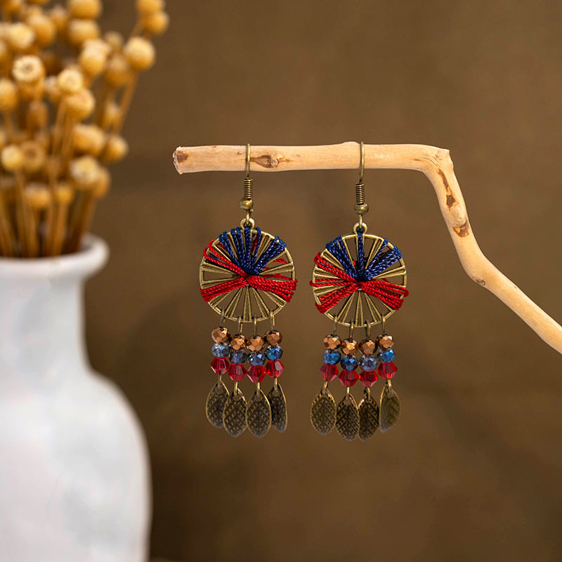 Turquoise Bohemian Palm Owl Bronze Carved Geometric Feather Earrings