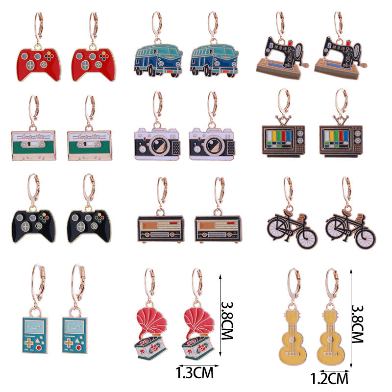Retro Nostalgic Style Alloy Enamel Bicycle Bus Sewing Machine Tape Earrings
