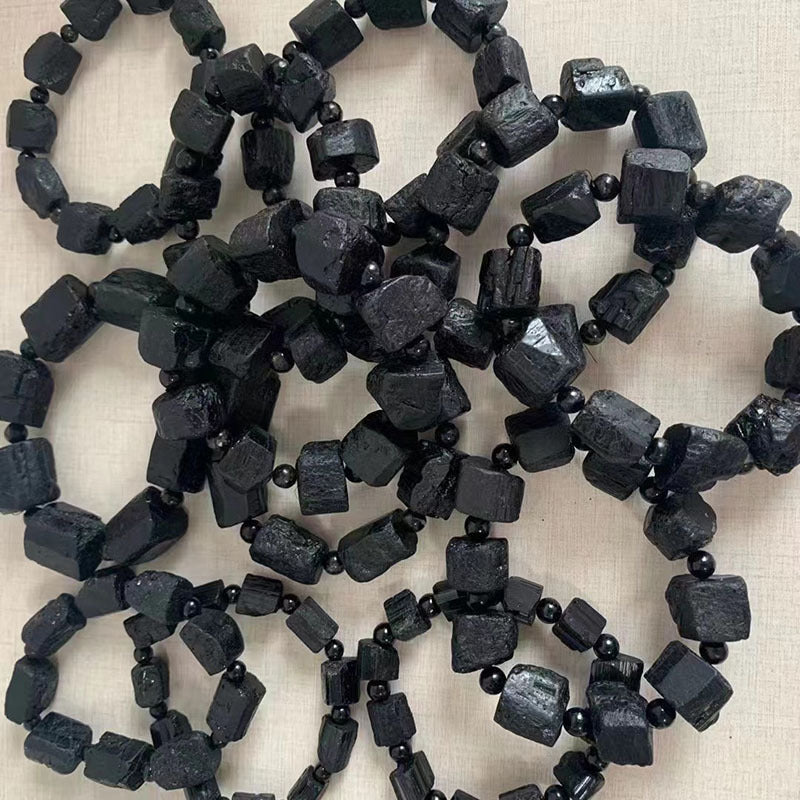 Women's & Men's Tourmaline Crystal Dazzling Black Grade Rough Stone Square Frosted Bracelets
