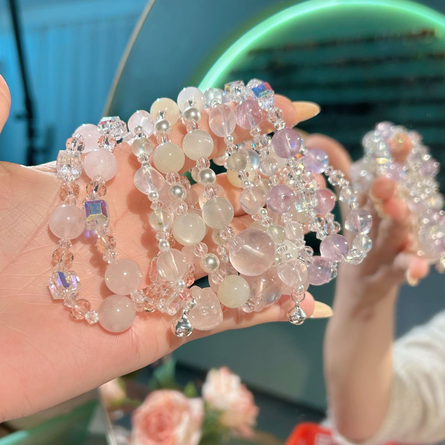 Natural Moonstone Pink Crystal Diamond In The Debris Atmosphere Summer Bracelets