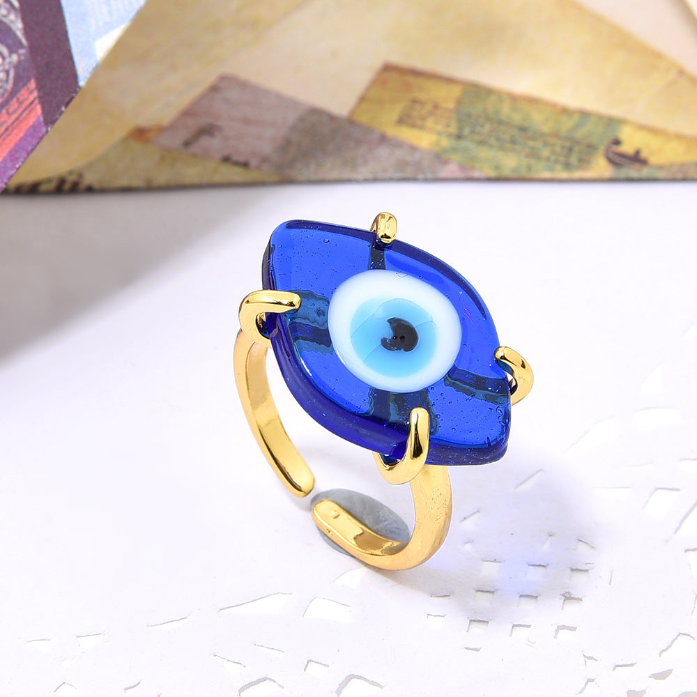 Women's Handmade Gold Copper Inlaid Glass Eyes Open-end For Bohemian Adjustable Ring