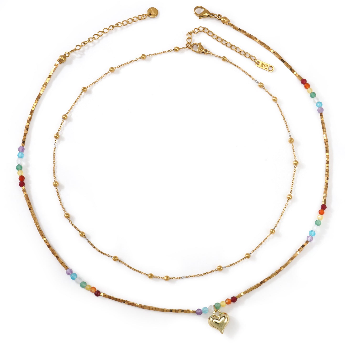 Beaded Double Layer Twin Vacation Style Metal Chain Love Necklaces