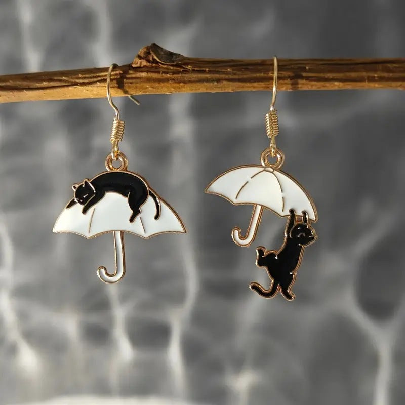 Elegant Cute Black White Cat Ear Umbrella Asymmetric Stud Earrings