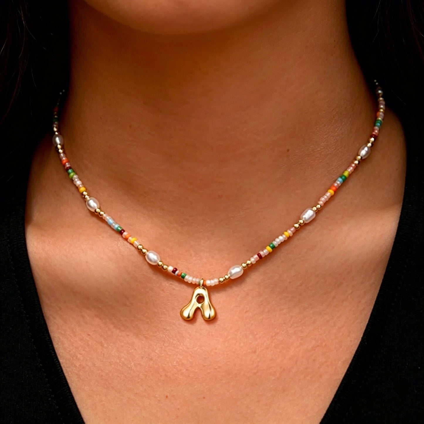 Best-selling Bubble Gold English Letter Color Small Beads Pearl Necklace