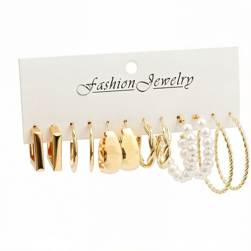 Geometric Square Imitation Pearl Ear Pairs Rings