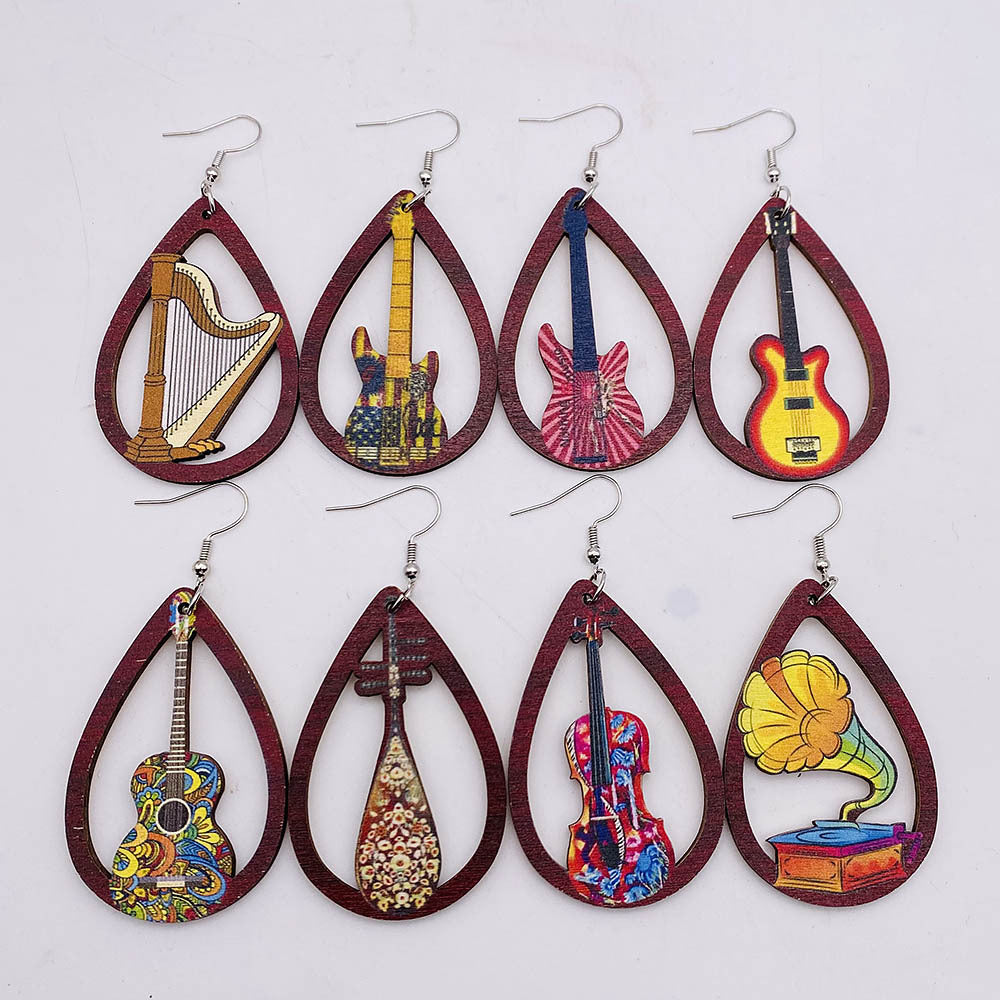 Hollow Out Guitar Wooden Fashion Musical Instrument Earrings