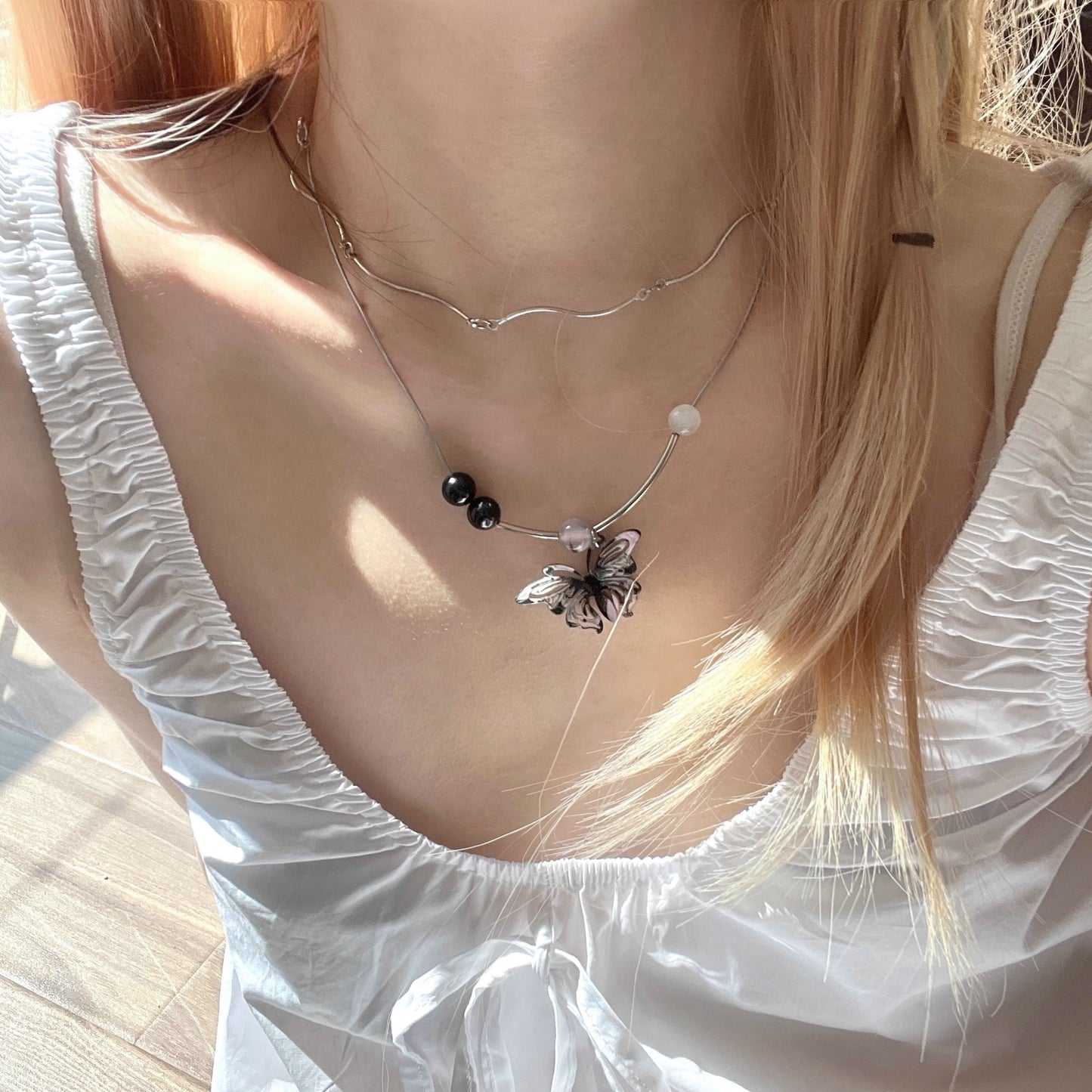 Acetate Tattoo Butterfly Sier Wave Chain Twin Necklaces