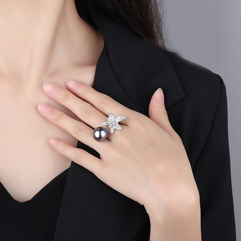 Inlaid Imitation Pearl Flower Starfish Temperament Open Rings
