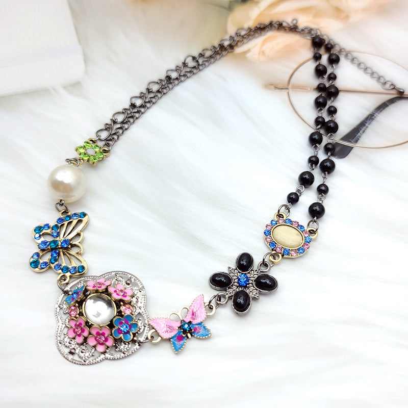 Rhinestone Butterfly Hollow Flower Pearl Short Necklaces